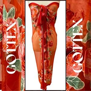 GOTTEX Red Roses Gold Sheer Pareo Sarong Wrap Swim Beach Scarf Versatile